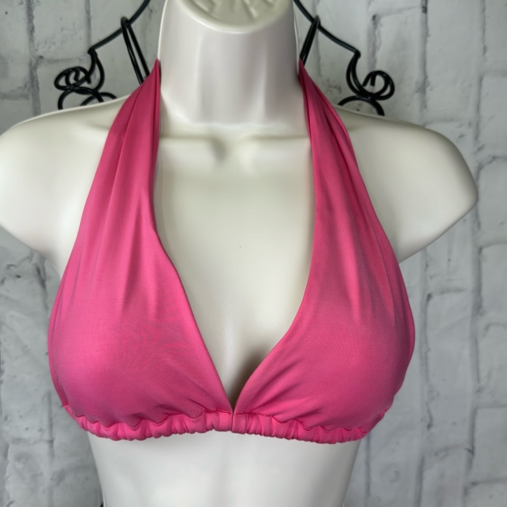Bebe Halter Bikini Top Tie Back and Neck Hot Pink Triangle Wide Strap Ties